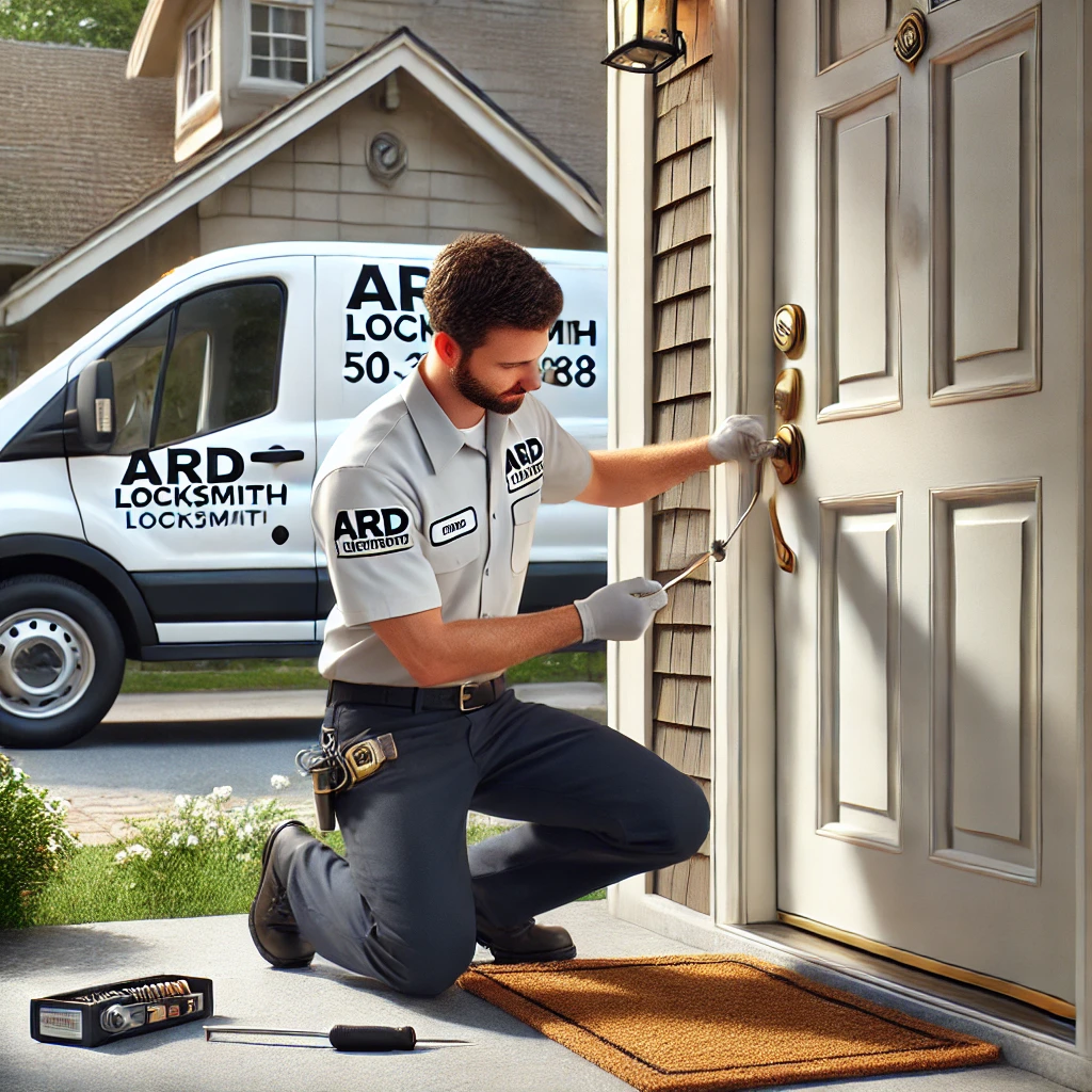 Professional locksmith installing a high-security deadbolt on a front door