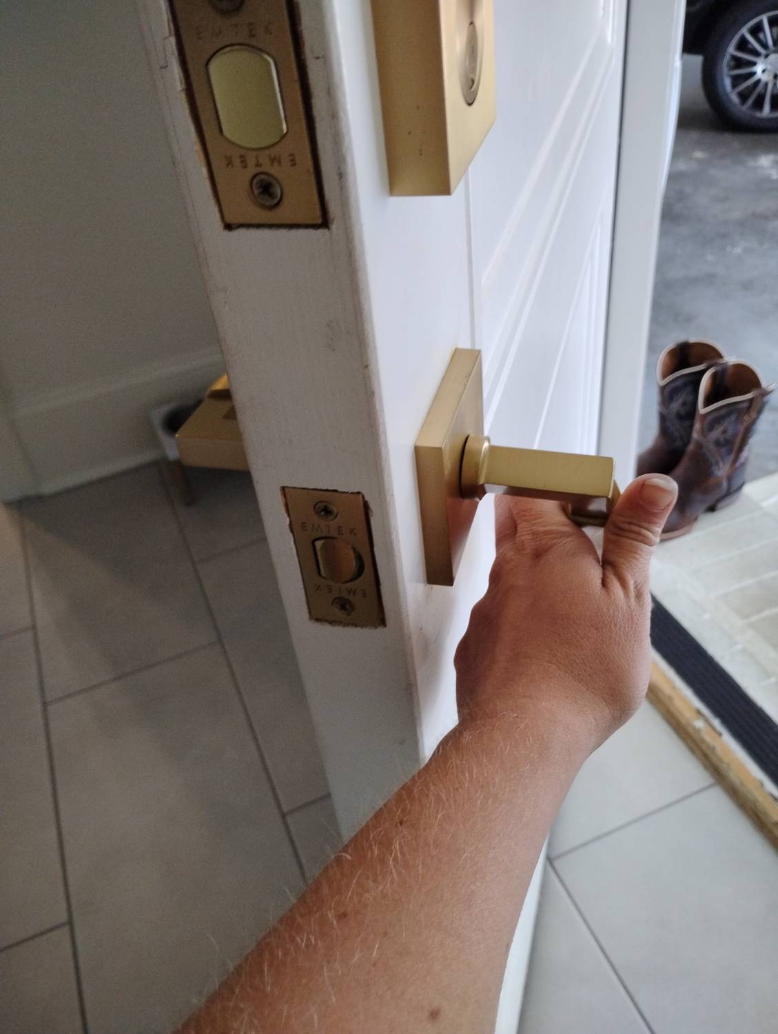 Emtek door latch and handle documented after locksmith service in Benton Arkansas