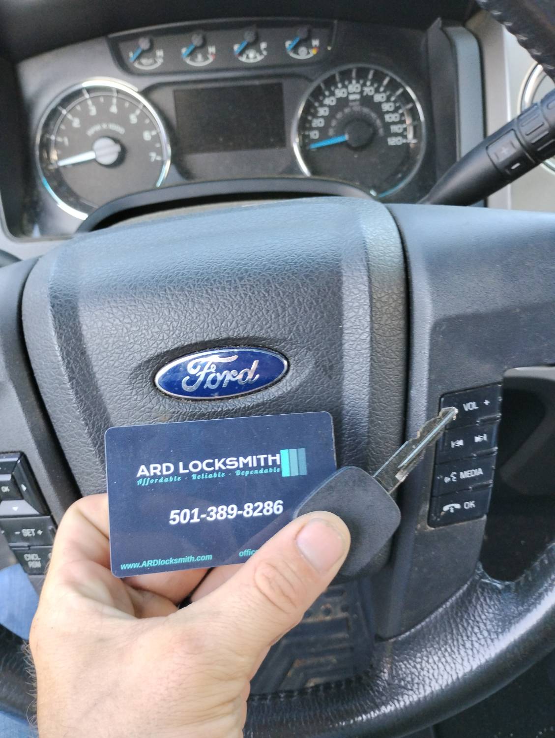Ford F-150 transponder key and ARD Locksmith card documented after programming