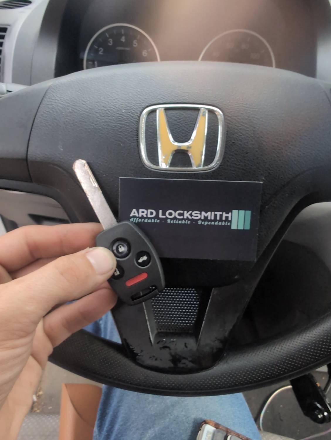 Honda CR-V remote-head key and ARD Locksmith card documented after all-keys-lost service