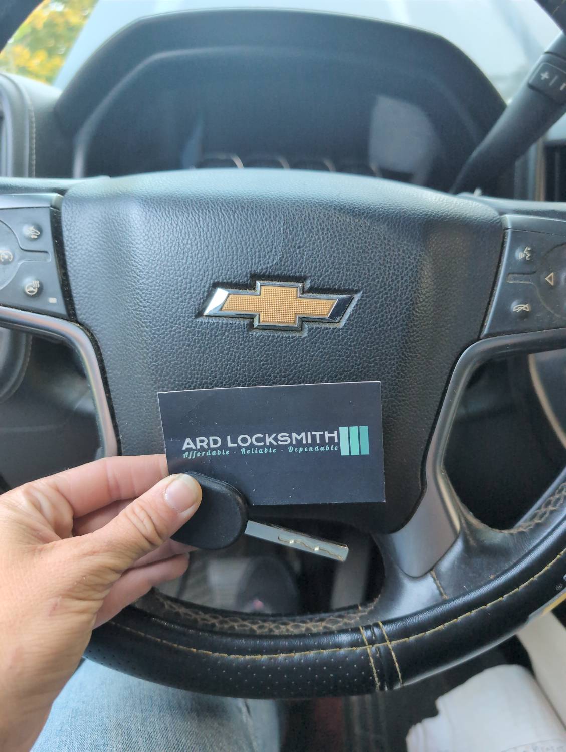 Chevrolet Silverado replacement key and ARD Locksmith card documented after all-keys-lost service