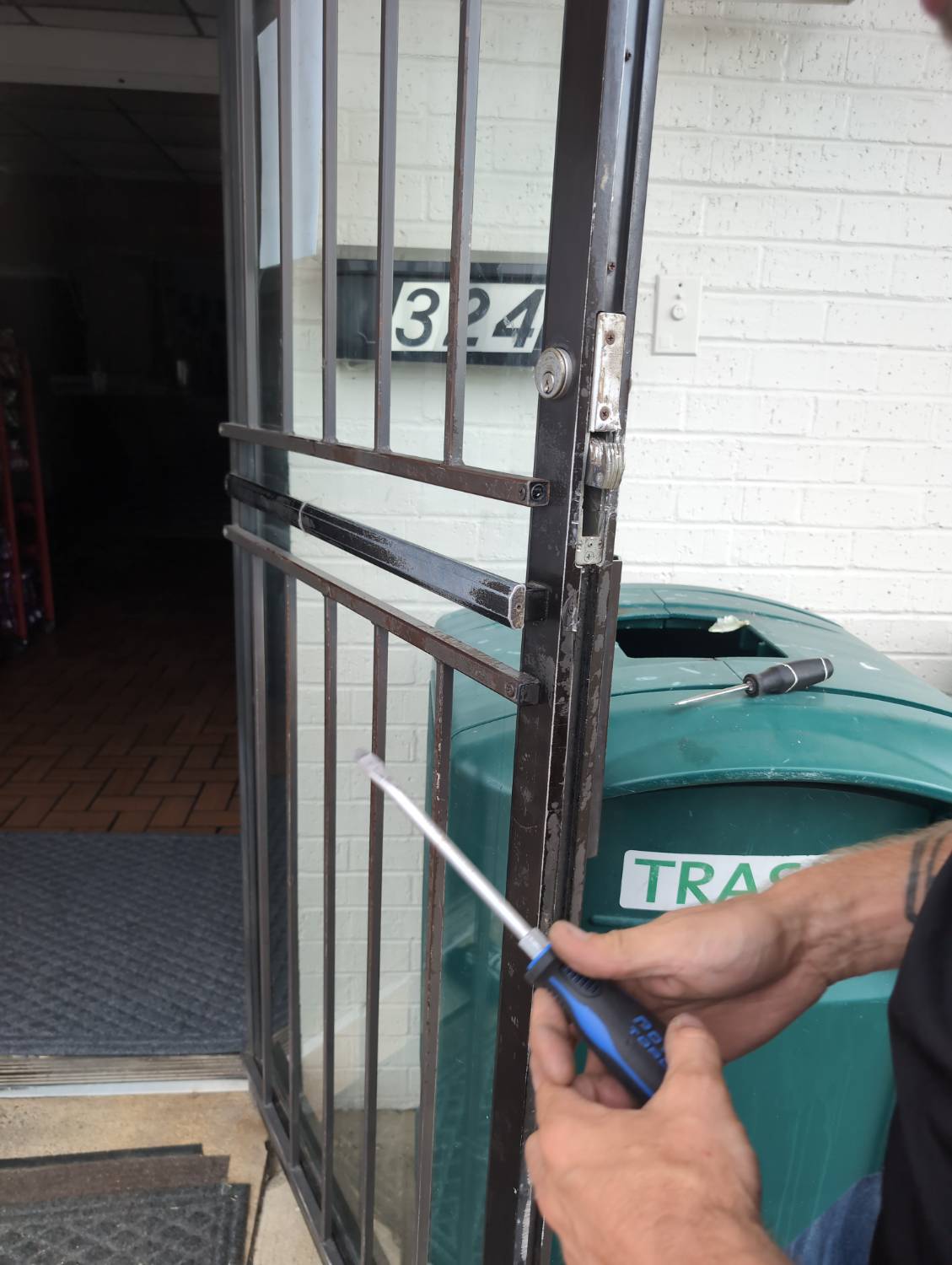 Commercial security-door mortise hardware documented during locksmith service in Jacksonville