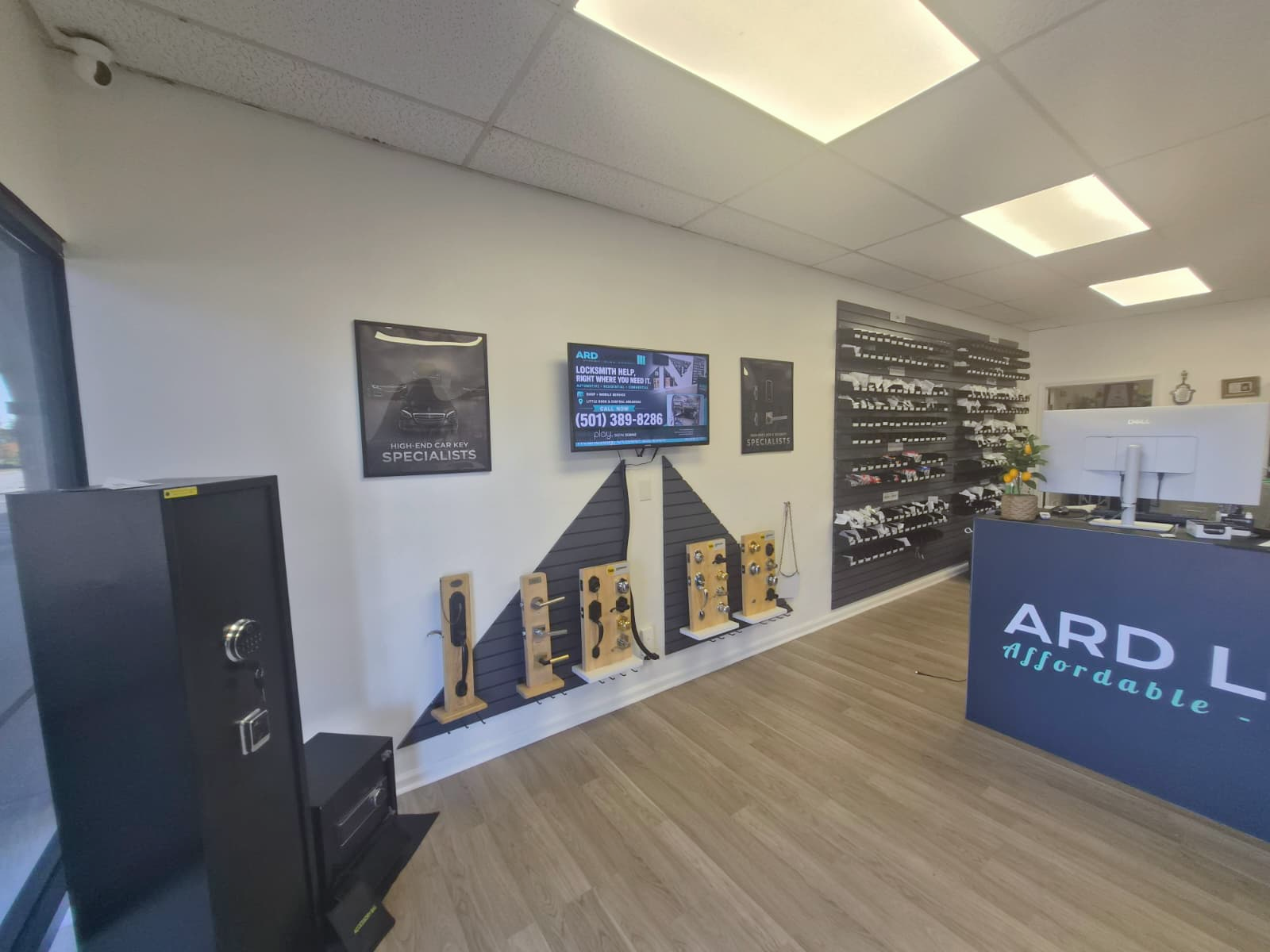 Lock and safe displays inside the ARD Locksmith shop in Little Rock