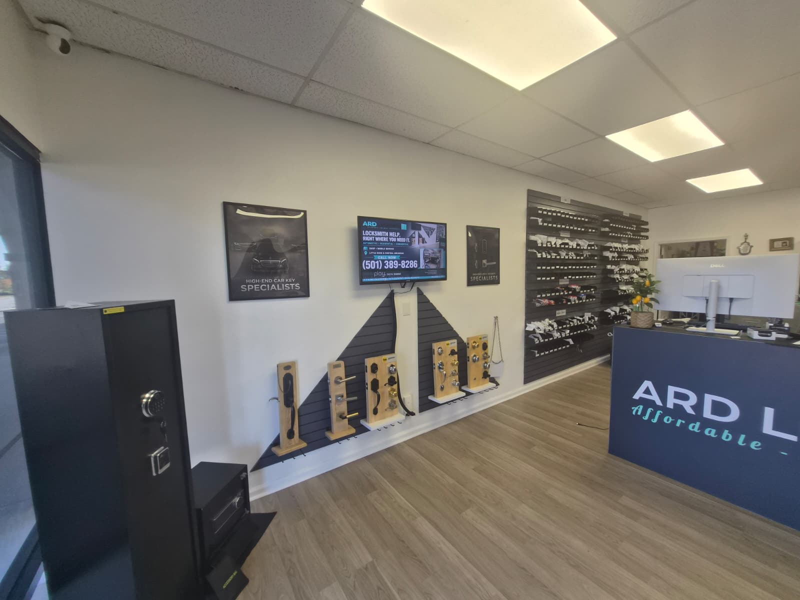 Lock and safe displays inside the ARD Locksmith shop in Little Rock